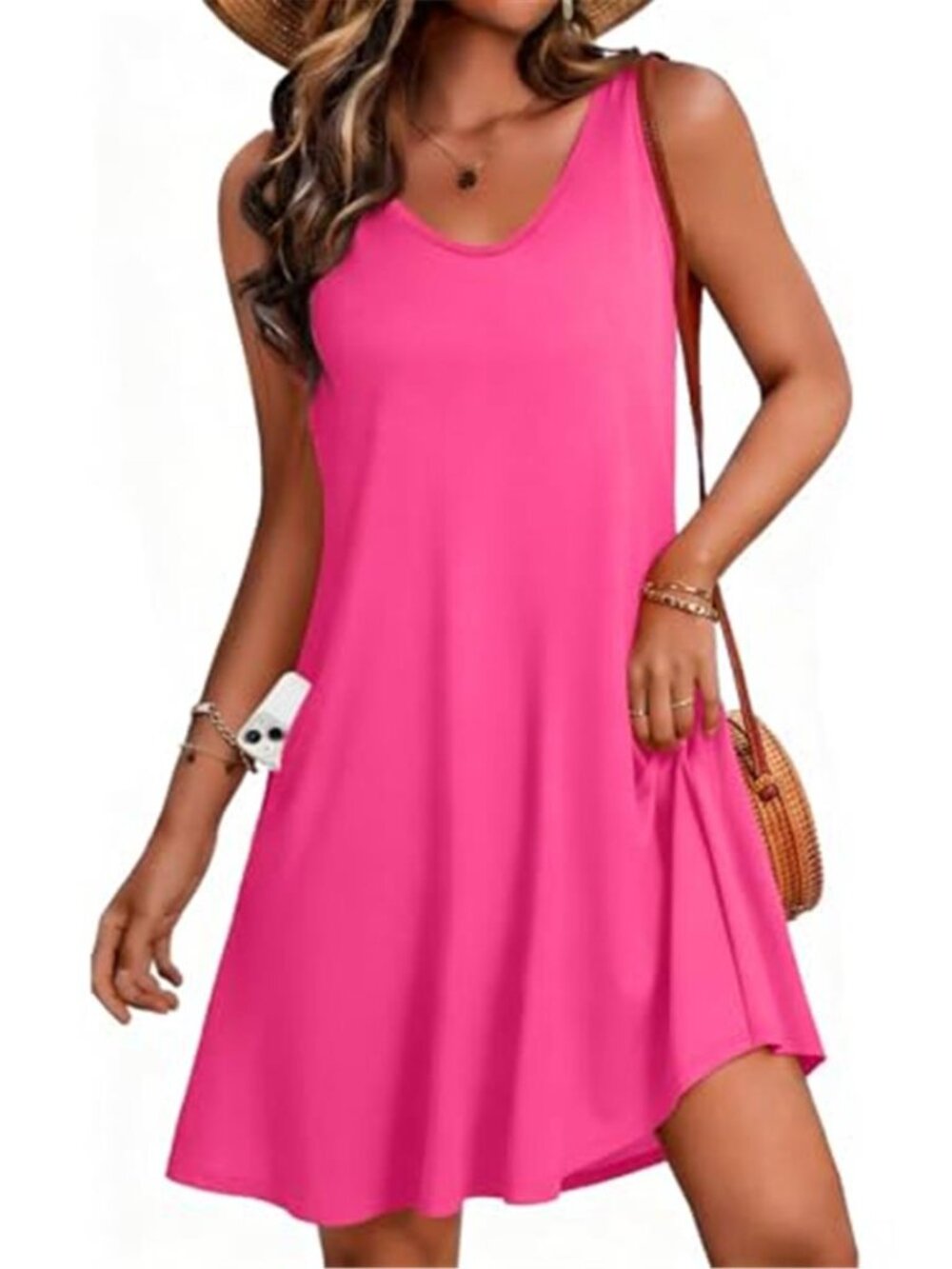 Hot Pink Sleeveless V Neck Swing Dress Casual Summer Sundress with Pockets